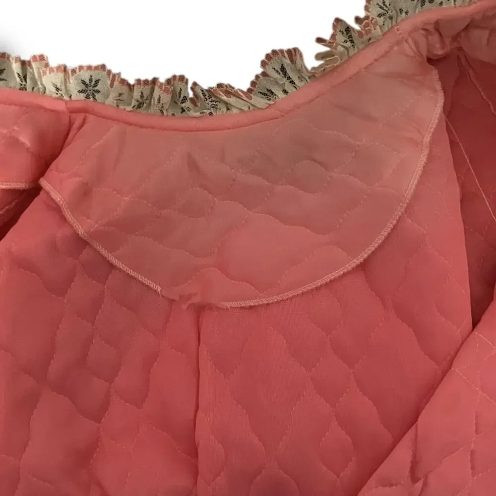 Vintage 60s Pink Quilted Satin Pajama Lounge Set Lace Trim Size 34 Medium - Picture 13 of 13